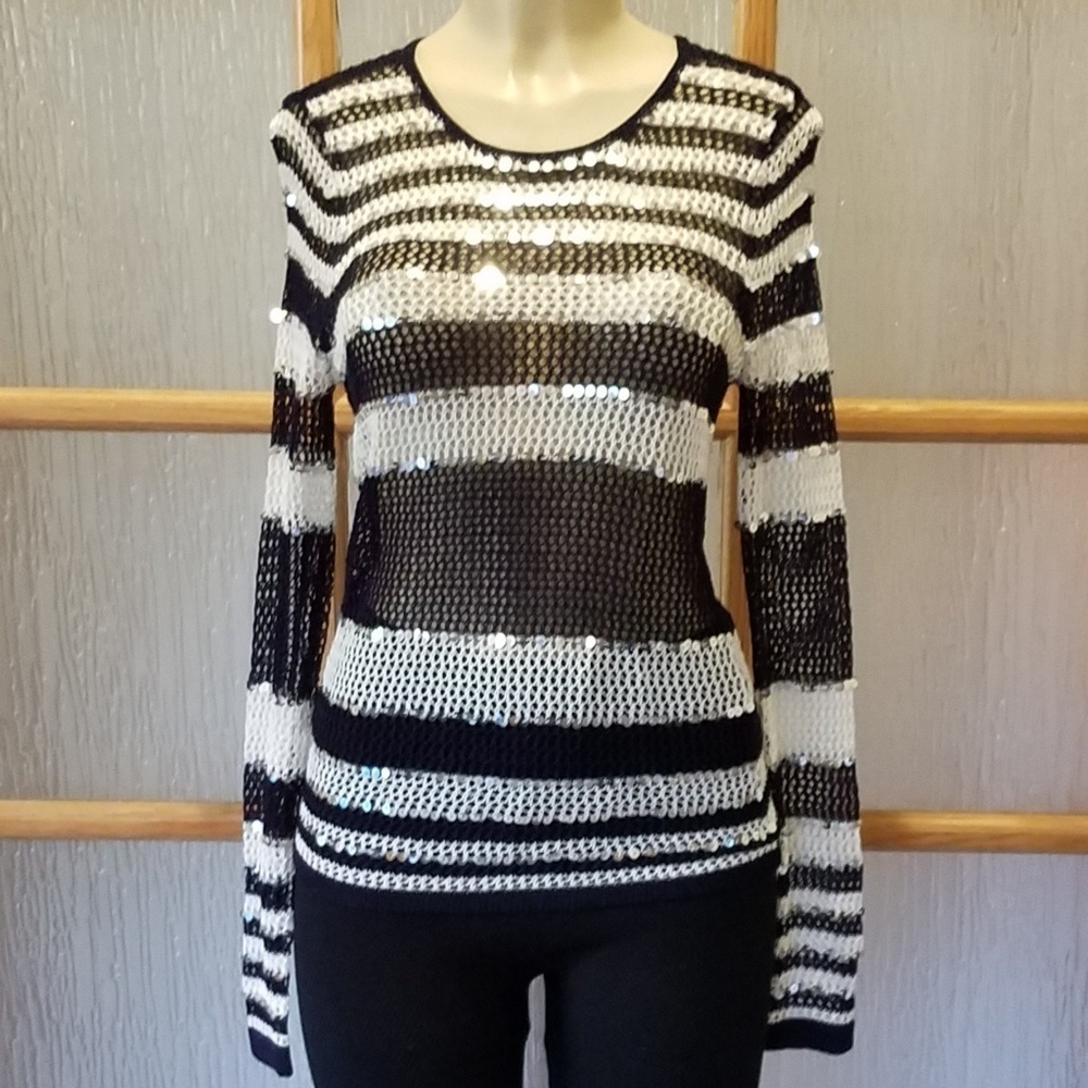 CHICO'S Navy, White & Silver Mesh Sweater